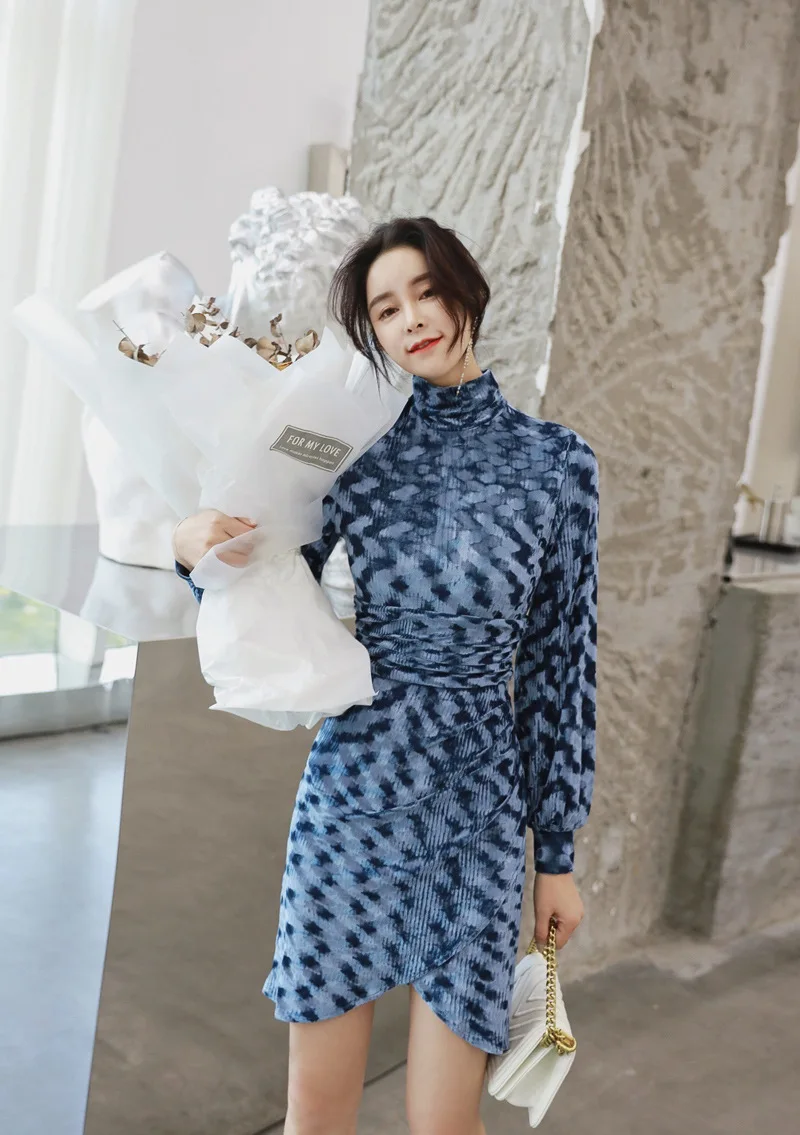 Новое осенне-зимнее женское платье в Корейском стиле с высоким воротом и длинным рукавом OL тонкое Бархатное облегающее платье Элегантное NS1406