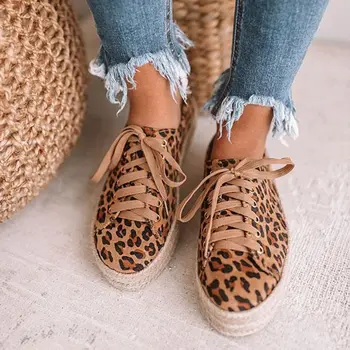 

WENYUJH Fashion Leopard Women Shoes Lace-Up Casual Canvas Platform Shoes Sneaker Comfortable Women Flats zapatos de mujer