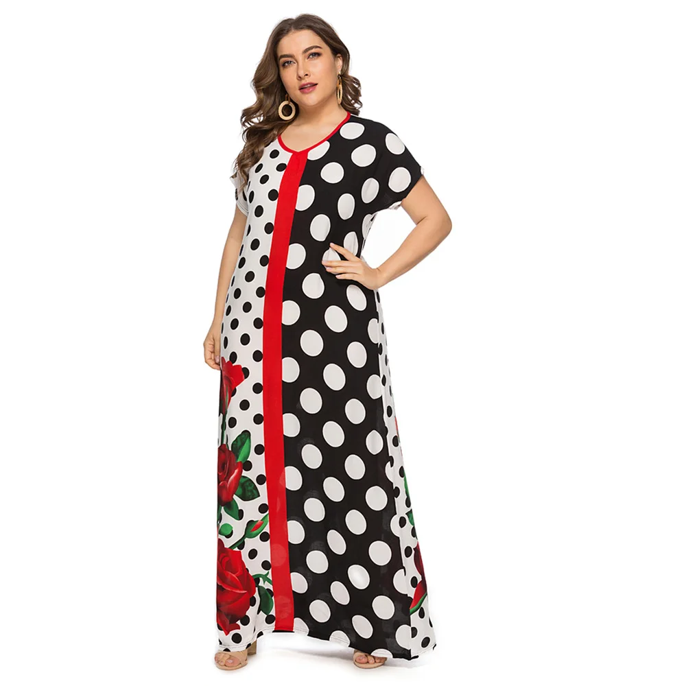 

Summer Fashion Polka Floral Printed Maxi Dress Muslim Abaya Arabic Islamic Dubai Robe Plus Size Women Short Sleeve Dresses