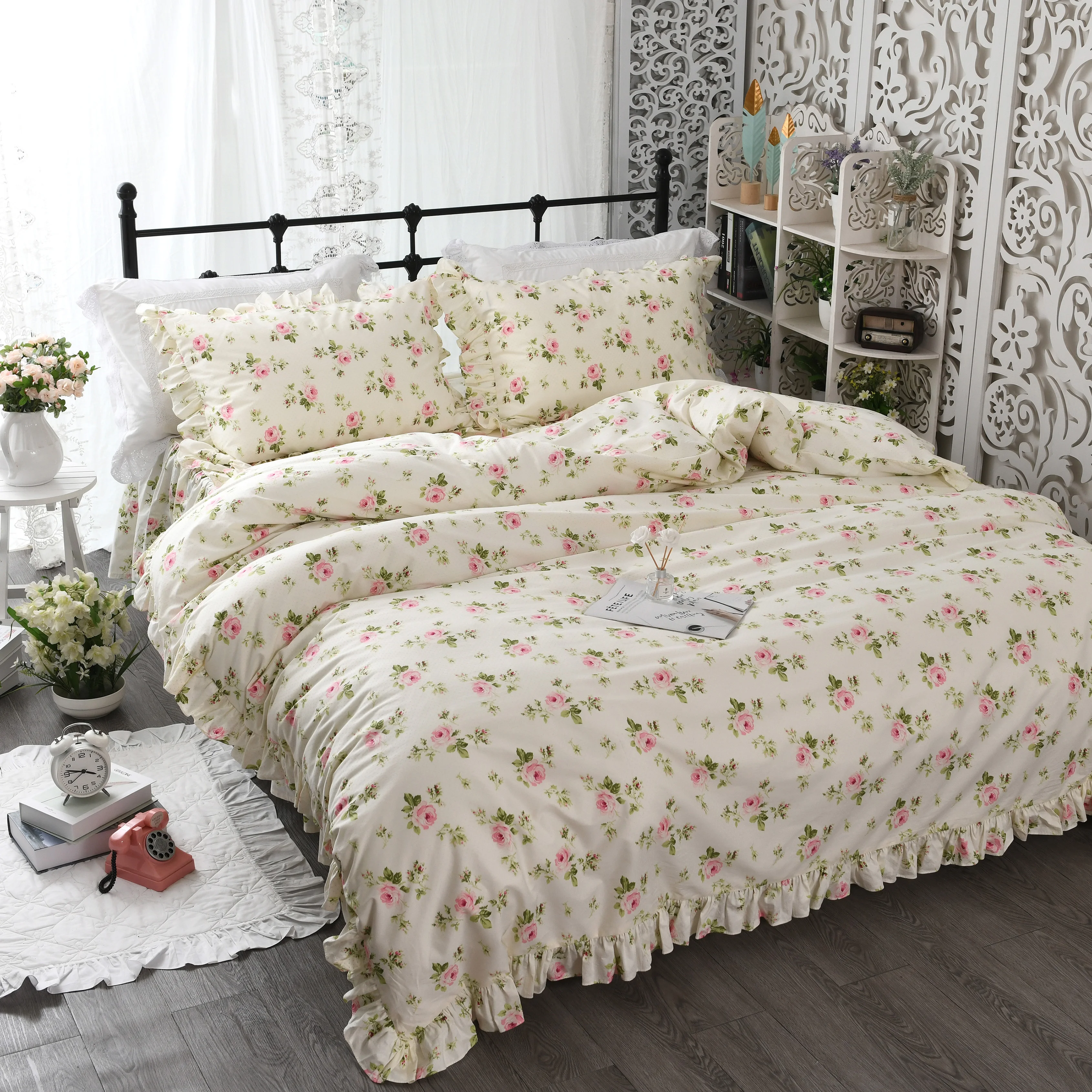 Cotton Flower Floral Bed Skirt Pillowcases Bedroom Bedding Full Queen King Size 
