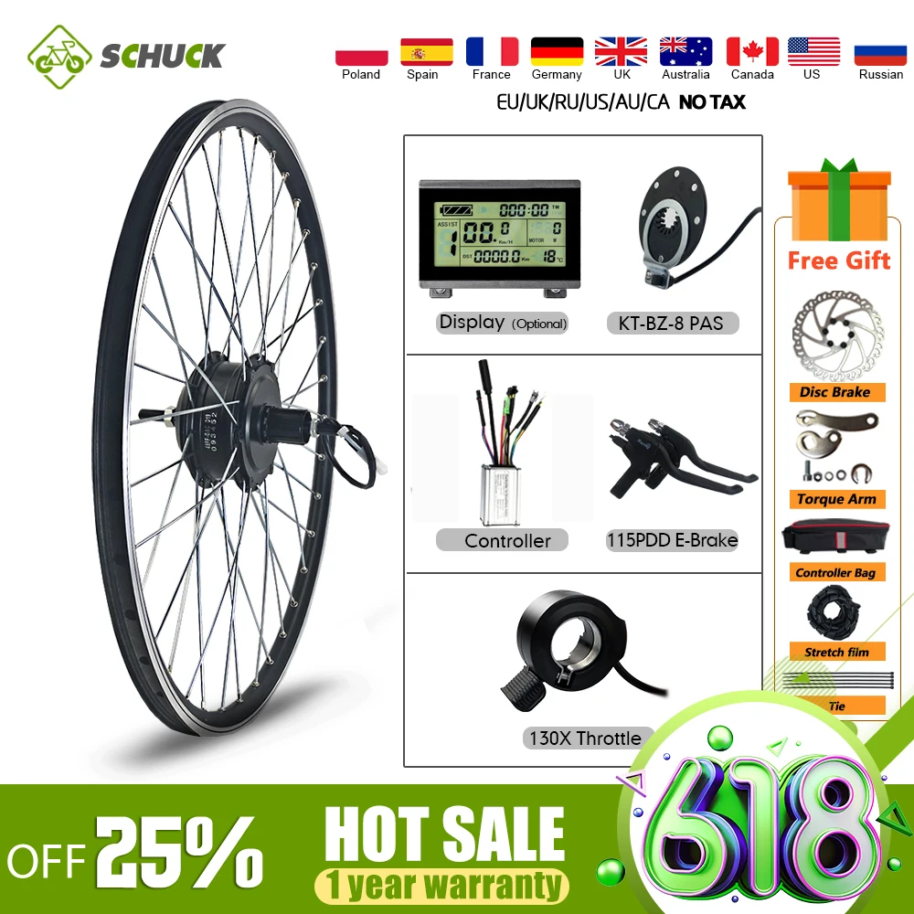 RICETOO Electric Bicycle Kit 36V/48V 500W Front Spoke Wheel Brushless Geared Hub Motor 16 20 24 26 27.5 28 700C With KT-LCD8H Display E-bike Conversion kit