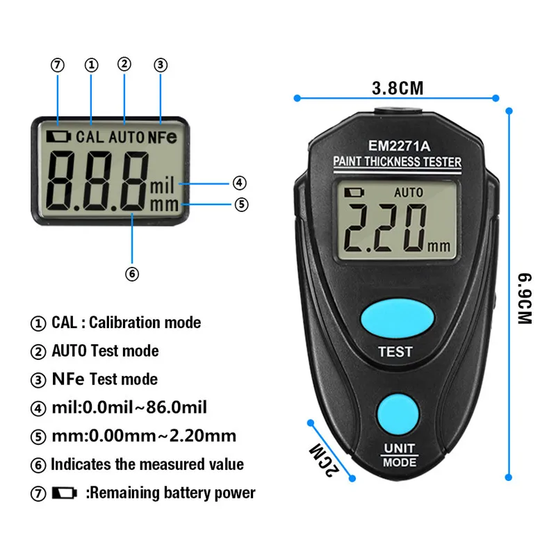 Дропшиппинг цифровой автомобильный измеритель толщины покрытия EM2271 EM2271A мини автомобильный тестер толщины покрытия метр Автомобильные аксессуары инструмент