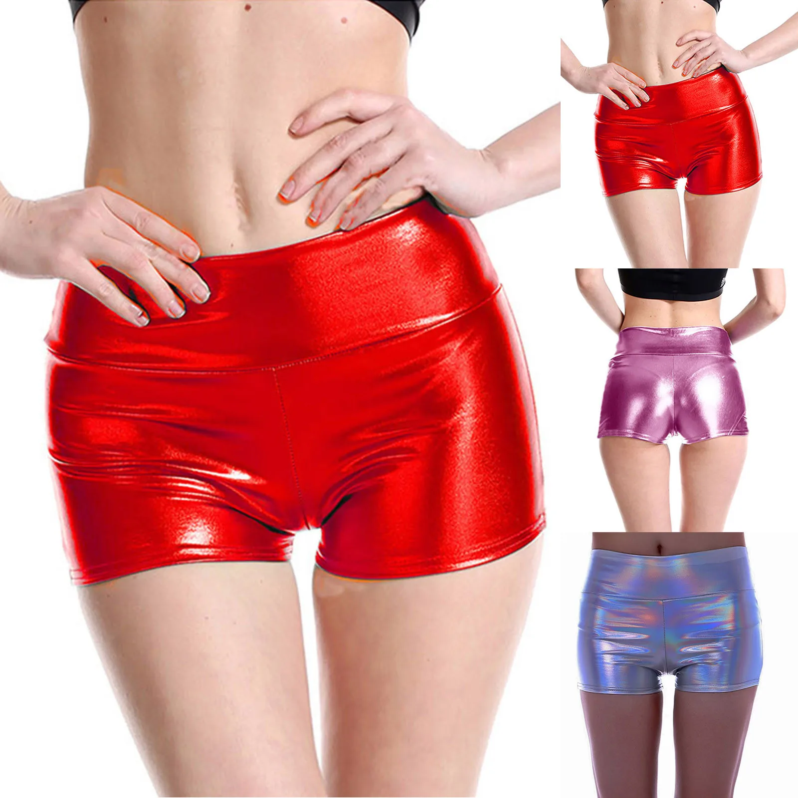 Glossy Metallic Rave Dance Leather Short Trousers Black Red Silver Golden High Waist Sexy Hot Pants Women Faux Shorts Panty