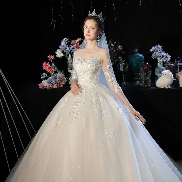 HLF40 New Applique Wedding Dresses Long Sleeves Suitable For Girls Strapless Floral Print Brides Vestidos Para Bodas 5