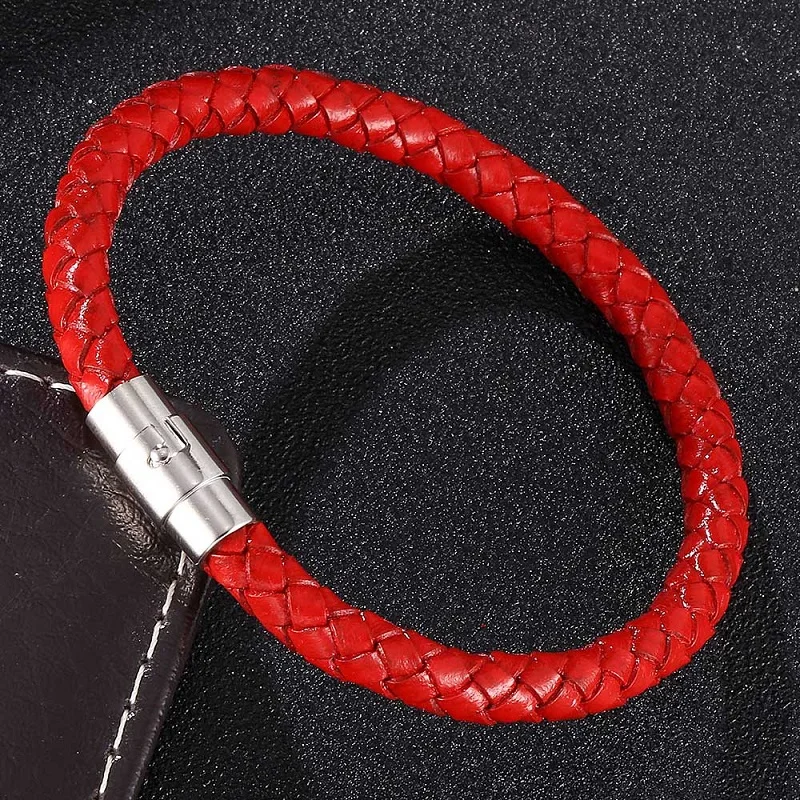 Винтажные Ювелирные изделия для женщин и мужчин, античный красный плетеный кожаный браслет из нержавеющей стали, плетеные браслеты, браслет на запястье, подарки ST0451