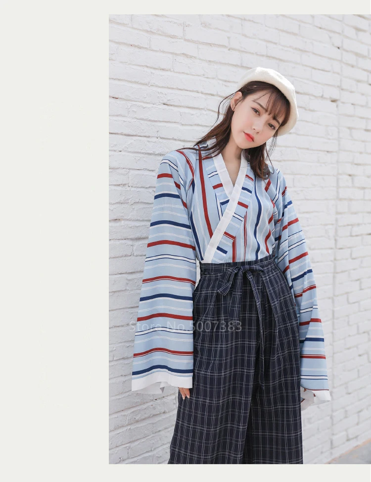 Японский стиль традиционная одежда кимоно косплей для женщин Kawaii Девушка уличная мода Haori полосатый топ клетчатые брюки костюм