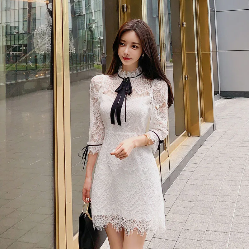 HAYBLST Брендовое платье для женщин осень большой размер XL Kawaii черный белый элегантный корейский стиль одежда модные кружевные лоскутные платья