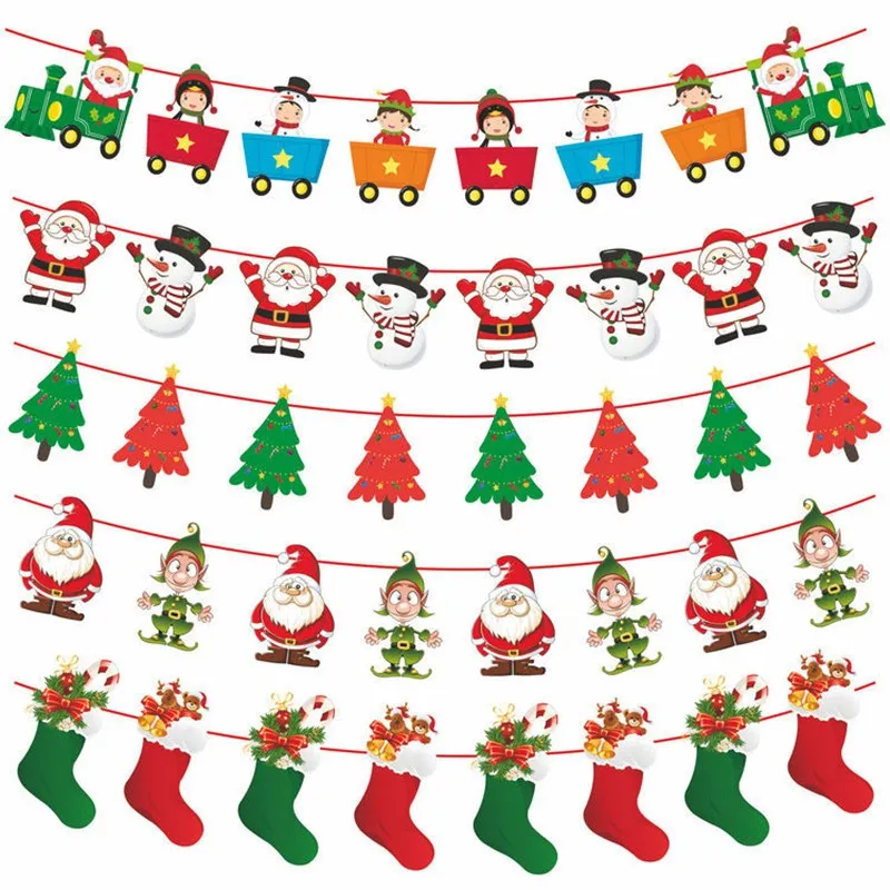 Santa Snowman Banner Flag Home Party New Year Flag Garlands Christmas Decor Cartoon Pull Flags Merry Christmas Banner
