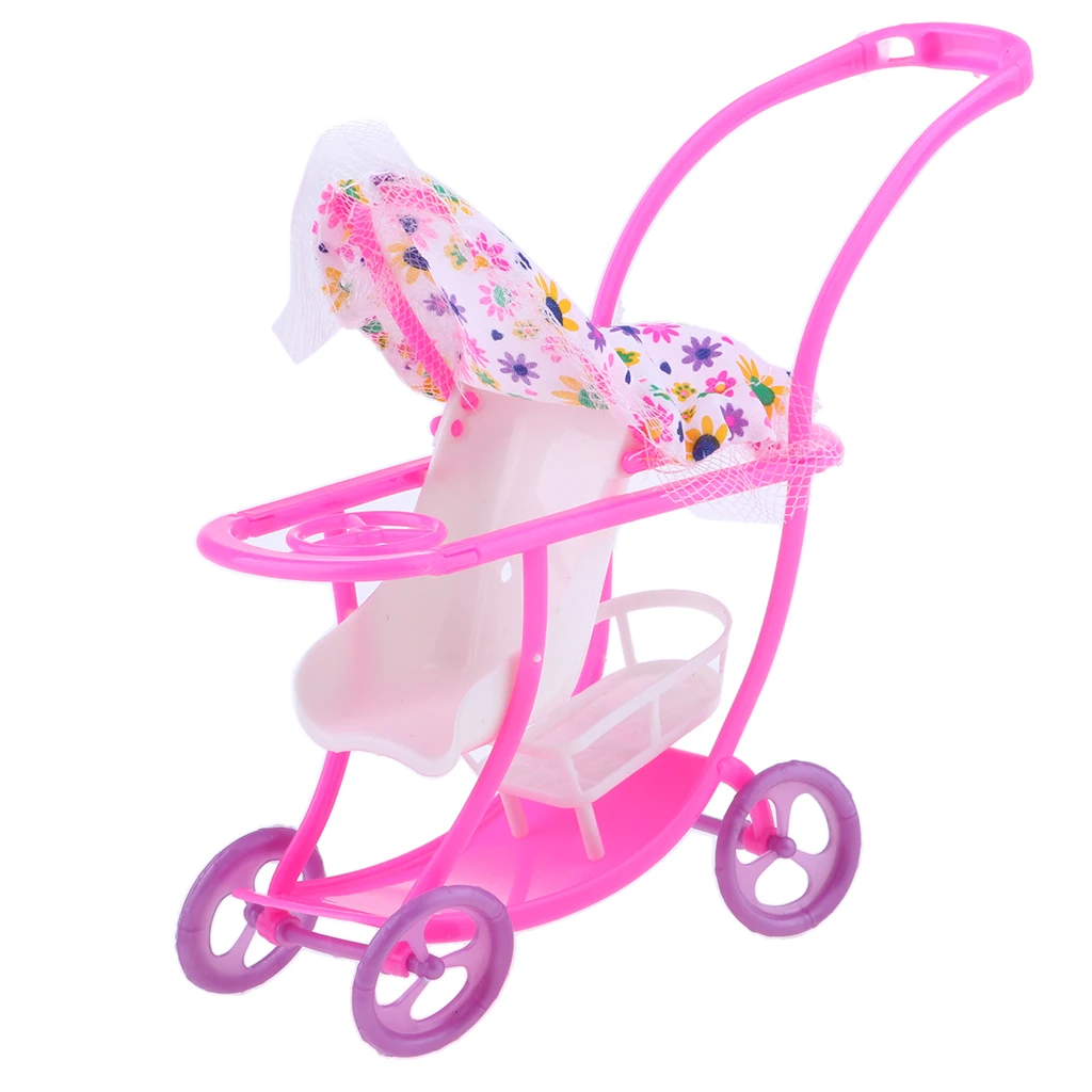 Lovely Plastic Mini Baby Doll Stroller Push Car Dolls Trolley Dollhouse Bedroom Decor Life Scenes Kids Toy