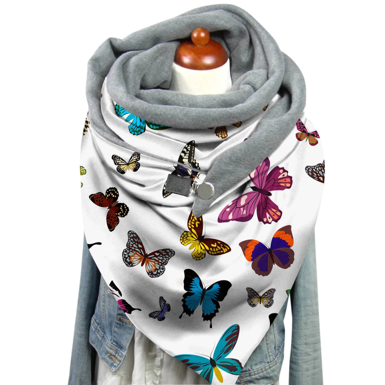 Women Cat Print Scarf Hijabs Retro Button Multi-Purpose Shawl 80cm-100cm Winter