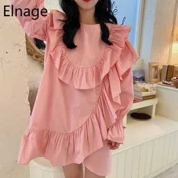

Elnage Fashion 2020 Spring Summer Dress Long Sleeve Solid Loose Fresh Retro Pink Ruffled Irregular Shirts Vestidos Female 5A515