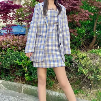 

Fashion women chic blazer 2020 office ladies nothced collar jackets casual female slim long plaid suits blue girls chic sets