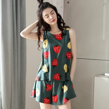 

Women's Sling shorts set summer pajamas sleeveless vest thin cute sweet casual cotton home wear suit girl 2 pcs pajamas se