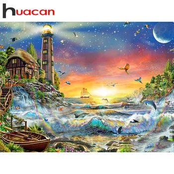 

Huacan Diamond Painting Full Square/Round New Arrival Lighthouse Diamond Embroidery Landscape Decor For Home