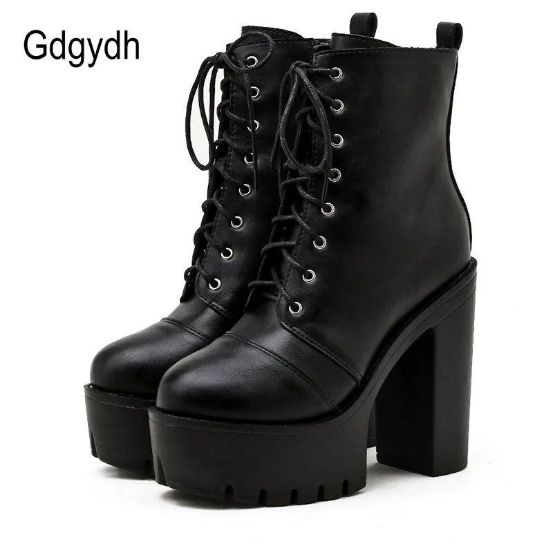 

Gdgydh 2021 Spring Short Boots For Women Round Toe Lace-Up Gothic Style Black Female Shoes Thick High Heels Plaform Ladies Boots