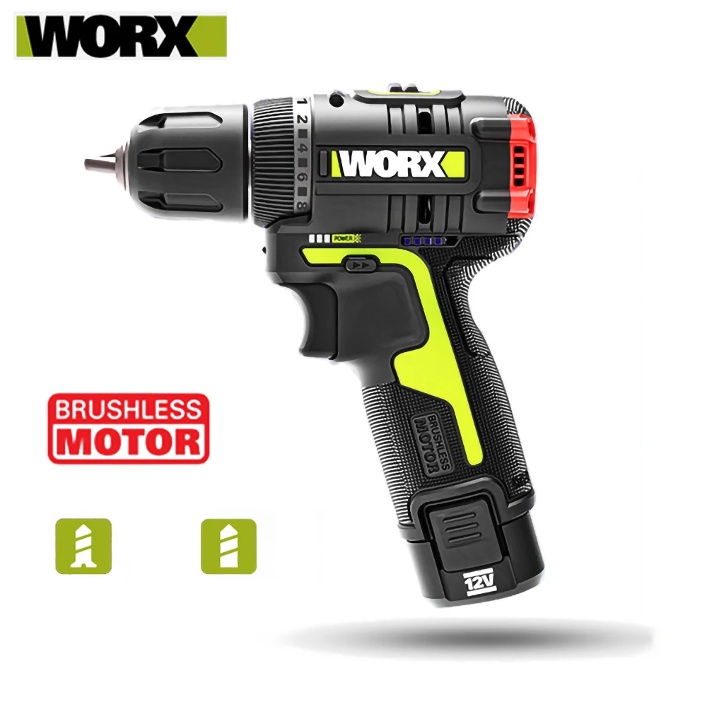 Worx WU130 Brushless Drill Electric Drill 12V Cordless Screwdriver 1800RPM 30Nm Battery Capacity Indicator 2.0Ah Lithium Battery