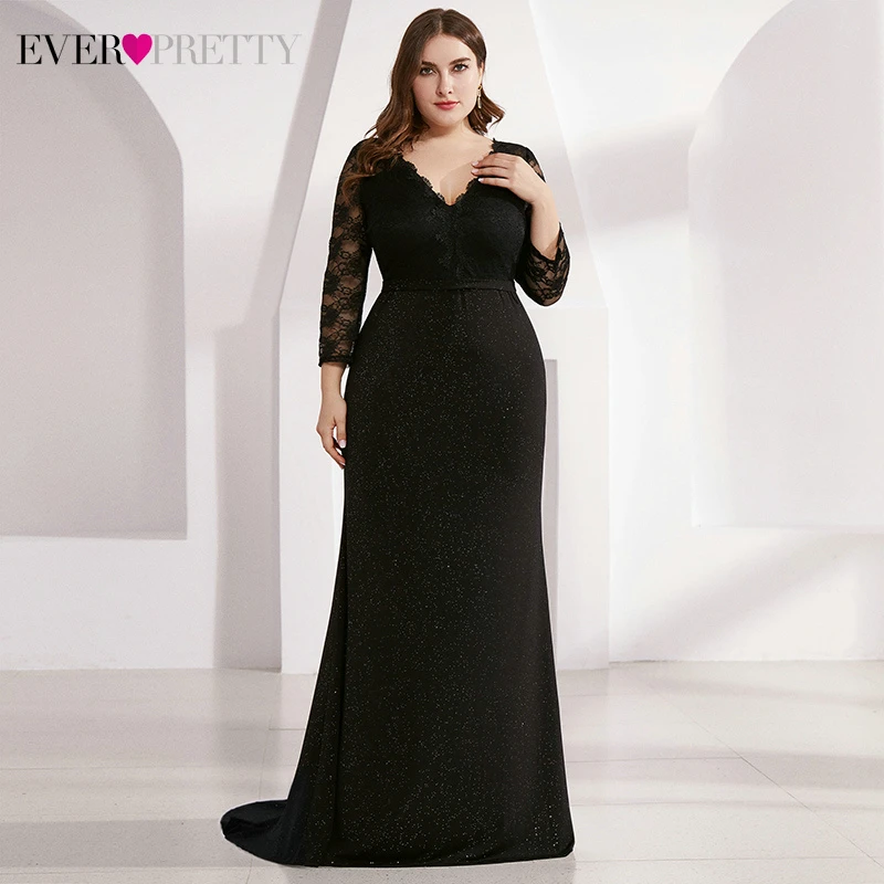 

Plus Size Lace Evening Dresses Ever Pretty Double V-Neck Long Sleeve Sweep Train Sparkle Mermaid Party Gowns Vestidos Elegantes