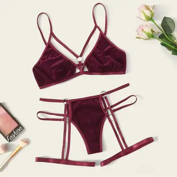 

S-XL Sexy Women Velvet Bandage Lingerie Set With Garter Underwear Wireless Bra Sexy Women Lingerie Bra Set Nightwear Sleepwear