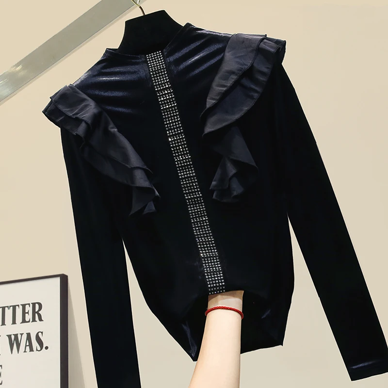 

Gold Velvet Shirt Women 2020 Spring Winter Thick Warm Tight Slim-Fit Turtle-Neck Long-Sleeve T-shirt Female Tops Ruffle T Shirts