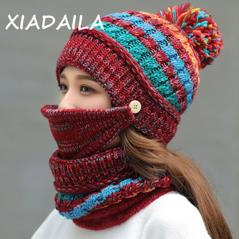 2023 Hat winter women's Mask balaclava Hat for girls Scarf Thick Warm Fleece Inside Knitted Hat Scarf Set 3pcs Winter Hats 2