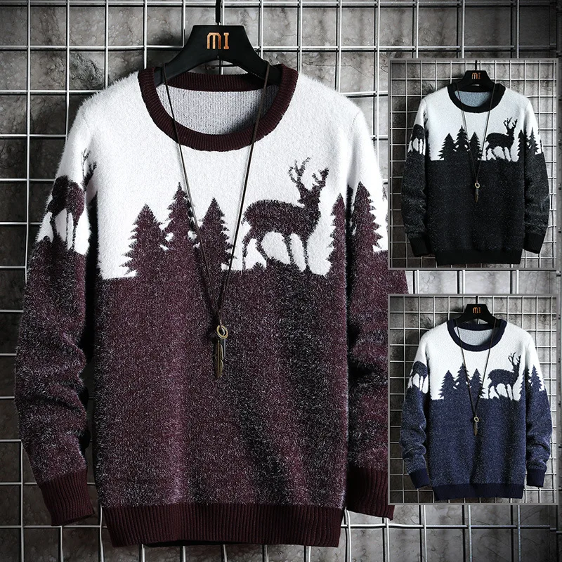 

Fashion Men's Sweaters Crew Neck Black Navy Blue Wine Red Printing Deer Slim Fit Long Sleeve Soft Warm Knitted Pullover