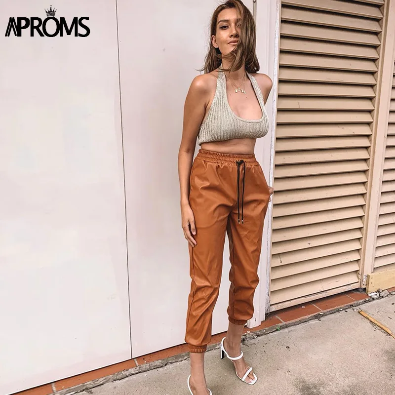 Aproms/однотонные узкие брюки из искусственной кожи для женщин; зимняя уличная одежда; повседневные женские брюки с высокой талией и завязками;