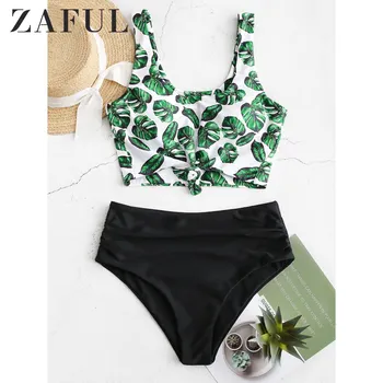 

ZAFUL Tropical Leaf Print Knot Ruched Tankini Swimsuit For Women 2020 U Neck Tank Top Swimwear Removable Padded Bathing Suits