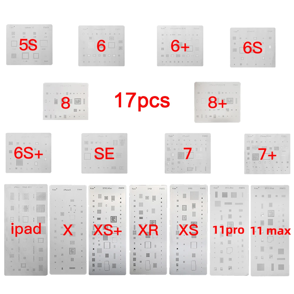 17pcs full set IC Chip BGA Reballing Stencil Kits Tin Planting Soldering Net for iPhone XS MAX XR 8p 7 6s 6 SE 5S 5C 5 iPad | Инструменты