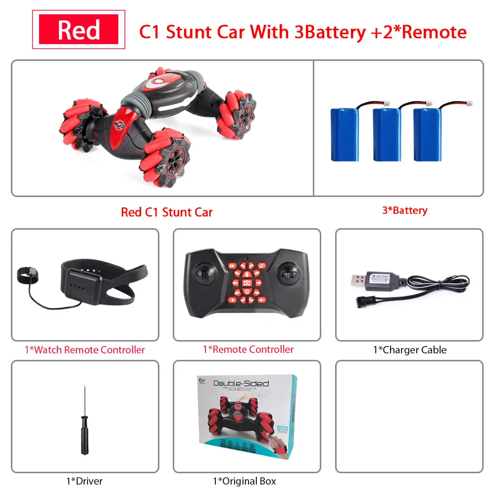 RED 2Remote 3B Remote Control Stunt Car Gesture Induction Twisting Off-Road Vehicle Light Music Drift Dancing Side Driving RC Toy Gift for Kids - Color: RED 2Remote 3B