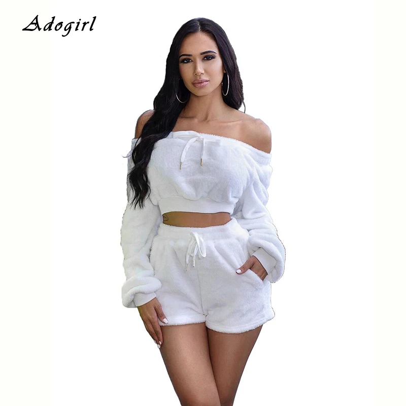 

Autumn Winter Plush 2 Piece Set Casual Off The Shoulder Crop Top With Shorts Women Sets Lace Up Slim Night Club Women Outfit