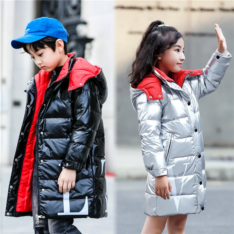 Детская блестящая куртка-пуховик на утином пуху для девочек и мальчиков, зимняя одежда Детская уличная утепленная парка с капюшоном теплые пальто для подростков возрастом от 5 до 14 лет