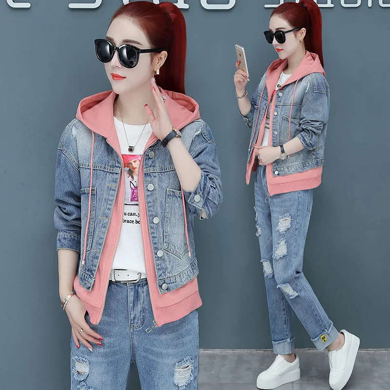 

Autumn Denim 2 Piece Set Tracksuit For Women Hoodies Fake Two Piece Jeans Coat And Holes Pants Suit Female Casual Jeans Outfits
