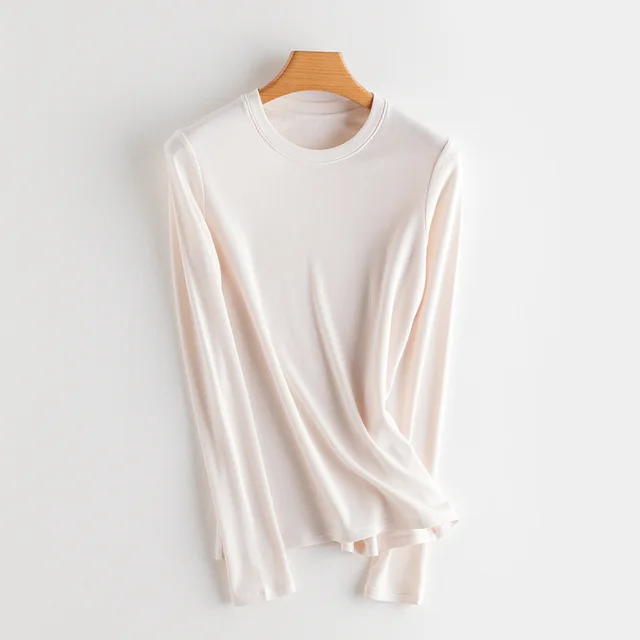 SuyaDream Women Bottoming T Shirt Real Silk Blend Long Sleeves Solid Basic Shirt 2021 Autumn Winter Turtleneck Top Cream O neck