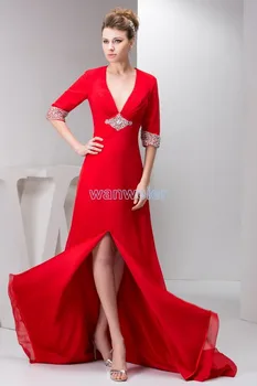 

free shipping 2016 new plus size floor length small train formal beading long sleeve v-neck chffon red Mother of the Bride Dress