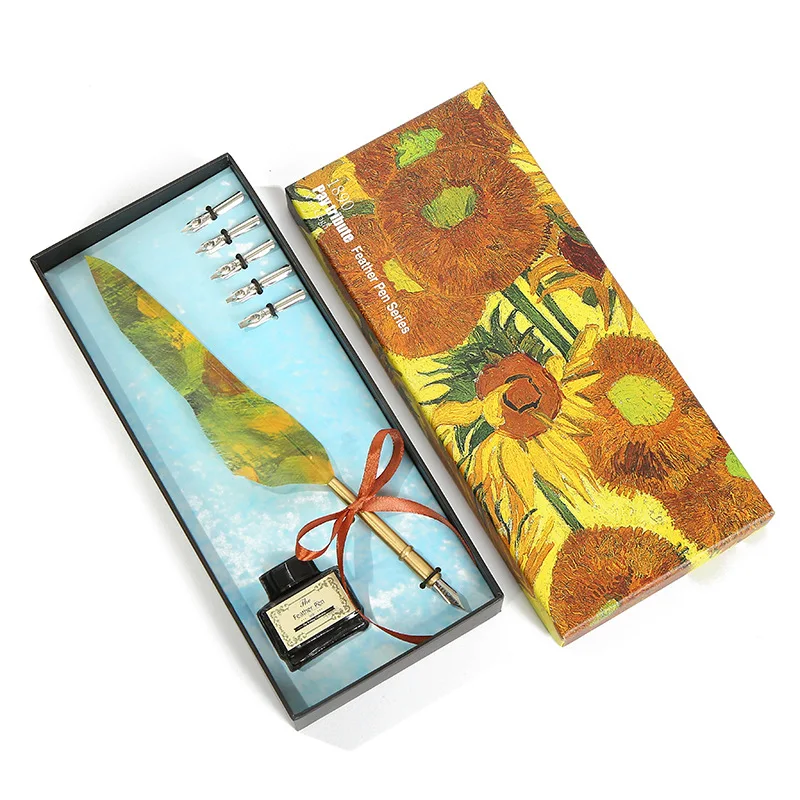 

BECODE Vintage Feather Pen Sunflower Pattern gift box set Metal Fountain Pen ink Dip calligraphy Pens for school writing 5 Nib