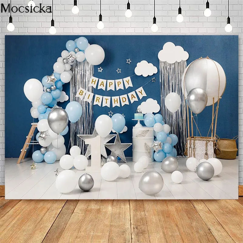 

Mocsicka Boy 1st Birthday Photography Backdrops Balloon Star Decor Blue Cake Smash Photo Booth Background For Photo Studio
