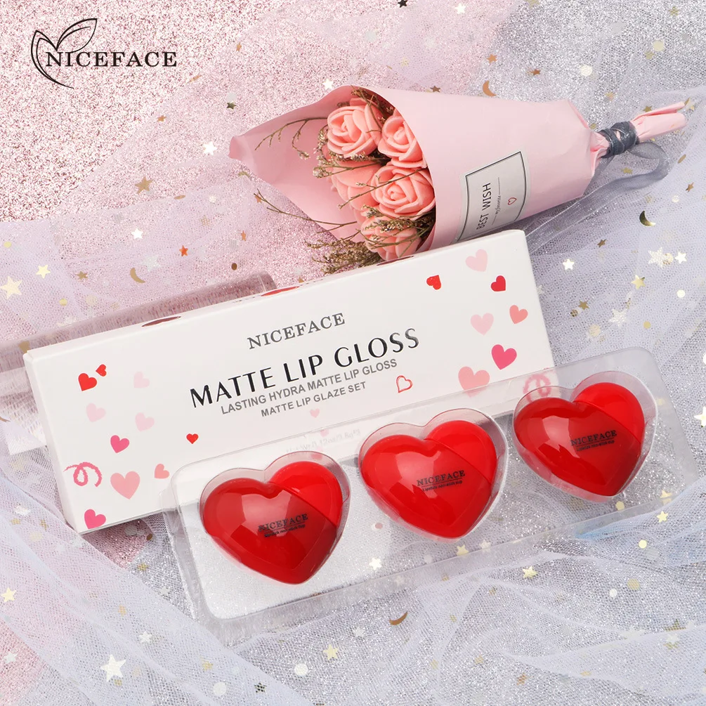  Silk Soft Matte Lipgloss Set 3pcs Hydrate Moisturizer Liquid Lipstick Love Heart Shaped Lip Gloss for Women Gift Makeup |