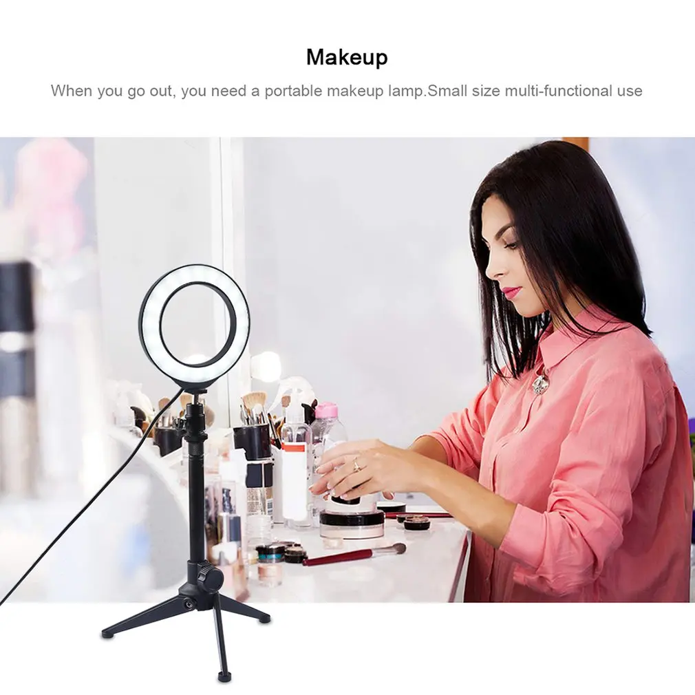 4.6/6.2 Inch USB 3 Modes Dimmable Led Ring Vlogging Photography Lights + Desktop Tripod Holder With Cold Shoe Tripod Ball Head