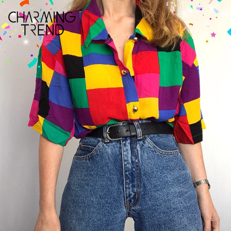 بلوزة نسائية بلوزة ذات أنماط هندسية ملونة بنمط هاراجوكو Preppy للفتيات الصغيرات قميص عتيق ملابس صيفية للنساء ملابس فضفاضة Blouses Shirts Aliexpress