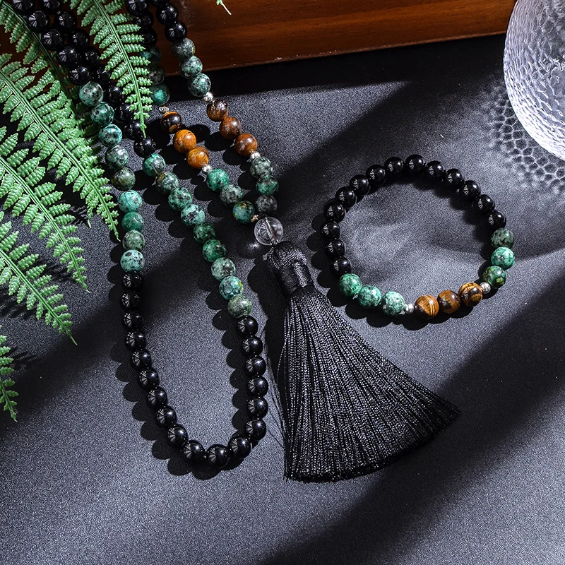 Mm african turquoise black agate yellow tiger eye beads japamala necklace bracelet set meditation yoga jewelry