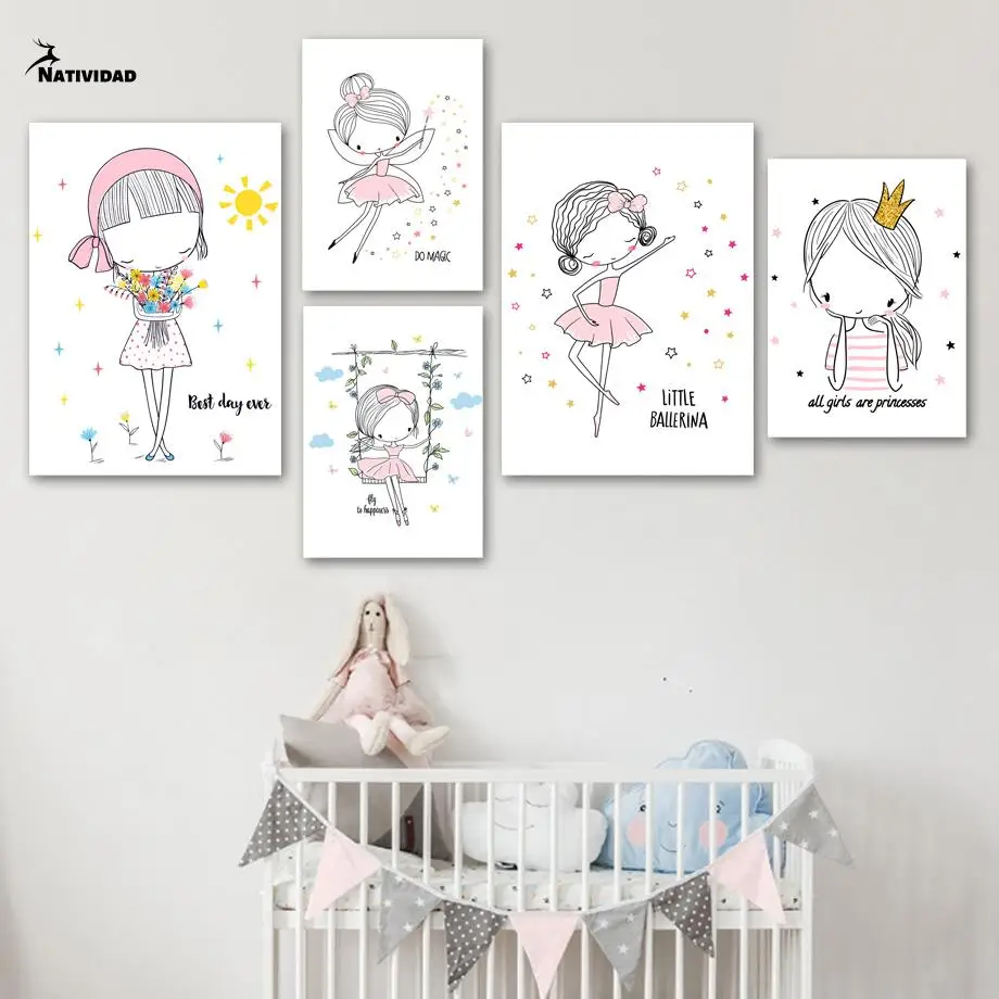 

Cartoon Pink Princess Girl Nordic Posters and Prints Wall Art Girls Room Canvas Painting Scandinavian Pictures Kids Home Decor