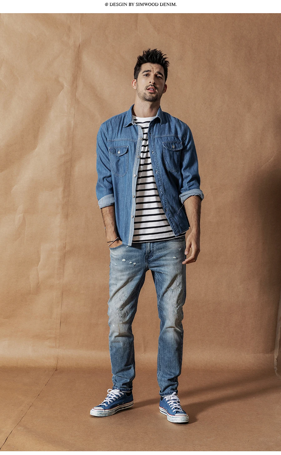 Мужская джинсовая рубашка в полоску SIMWOOD, модная рубашка цвета индиго из хлопка, новая модель 190420 большого размера на осень и зиму