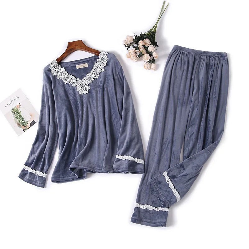 

Lace Patchwork Female 2PCS Pijamas Suit Velour Lougne Sleepwear Full Sleeve Nightwear Sleep Set Casual Home Wear Soft Negligee