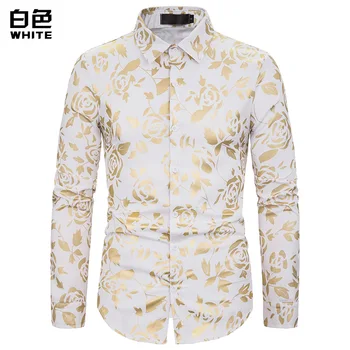 

Men's Lapel Rose Hot Stamping Slim Long Sleeve Shirt, Chemise Homme Social Men