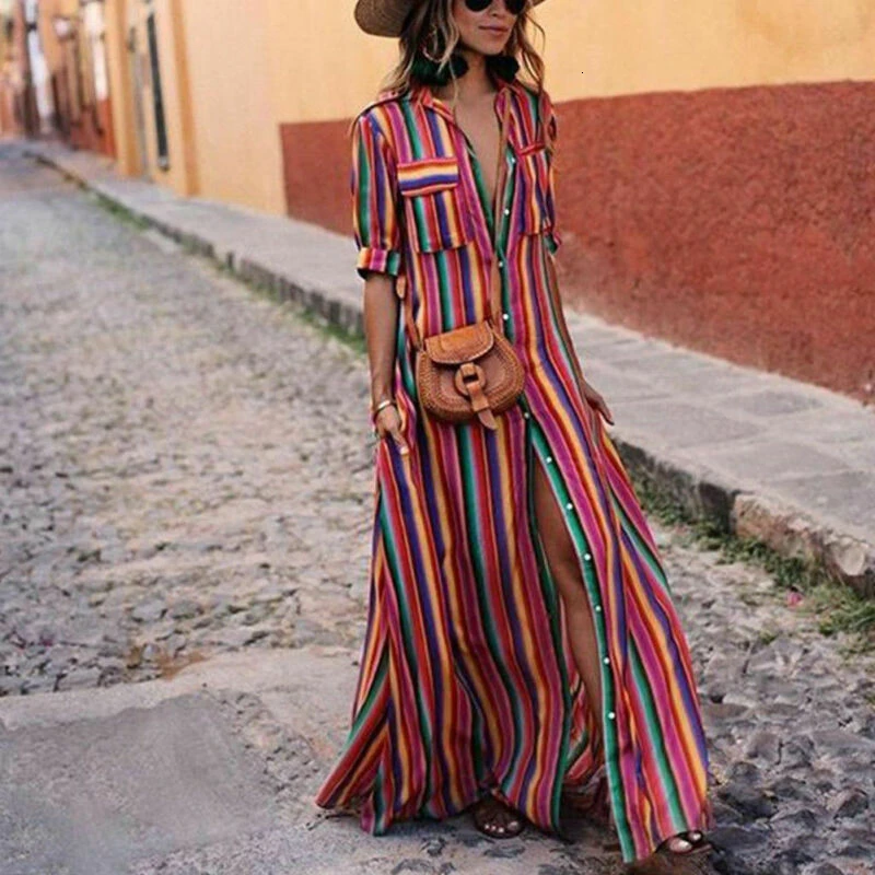 

Women's Boho Beach Summer Holiday Maxi Dress Elegant Ladies Holiday Party Colours Rainbow Striped Sundress Streetwear Plus Size