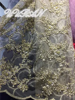 

Gold African Embroidered Tulle Mesh Lace Fabric with Beads for Wedding Dress/evening Dress
