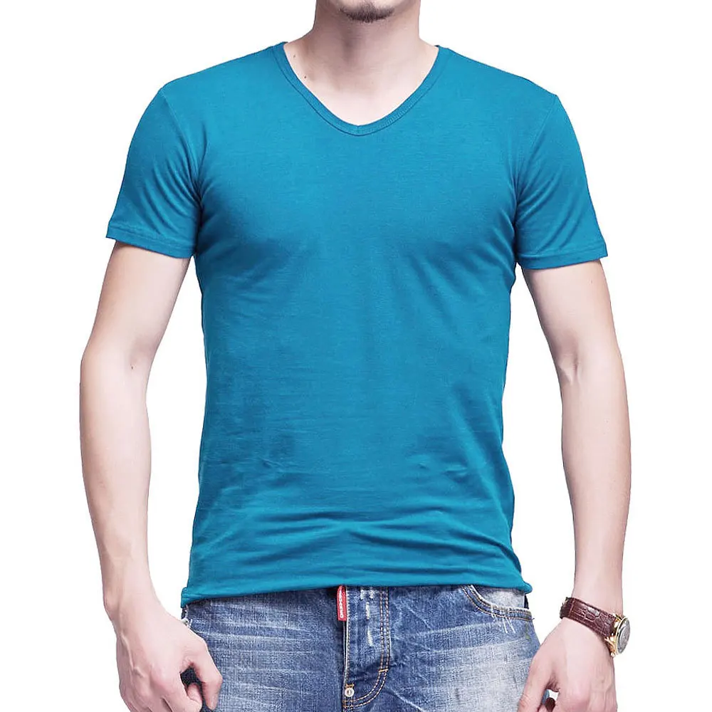 Стрейчевая Мужская футболка из лайкры с v-образным вырезом, одноцветная футболка с коротким рукавом для мужчин, облегающая футболка - Цвет: V Sky blue