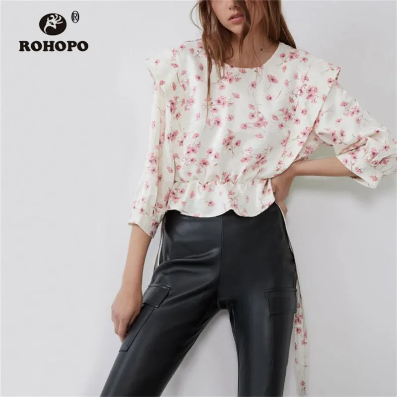 

ROHOPO Pink Daisy Floral Ruffled Butterfly Half Sleeve Crop Blouse Back Button Fly Bow Belted Chic Ladies Top Shirt #9756