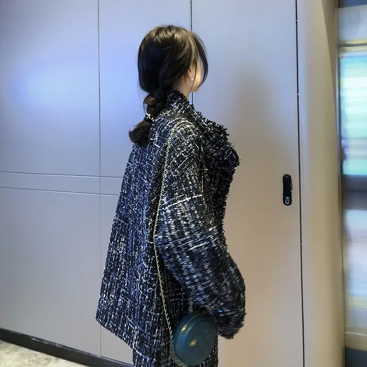 

2019 Autumn Coat Tweed Thin Hair Tweed Coat French Style Medium and Long Style Windbreaker Single Breasted Plaid Coat Women