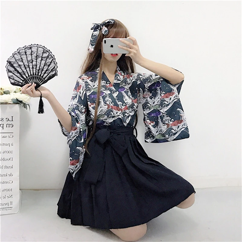 Ретро Винтаж в японском стиле Haori Kawaii Девушки Женщины Карп кимоно платье для вечерние юката азиатская одежда юбки Vestidos Горячая Распродажа